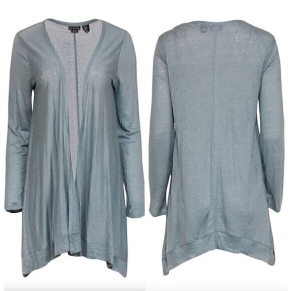TAHARI Solid Blue Asymmetrical Open Front 100% Linen Boho Long Cardigan Sweater - Picture 1 of 13